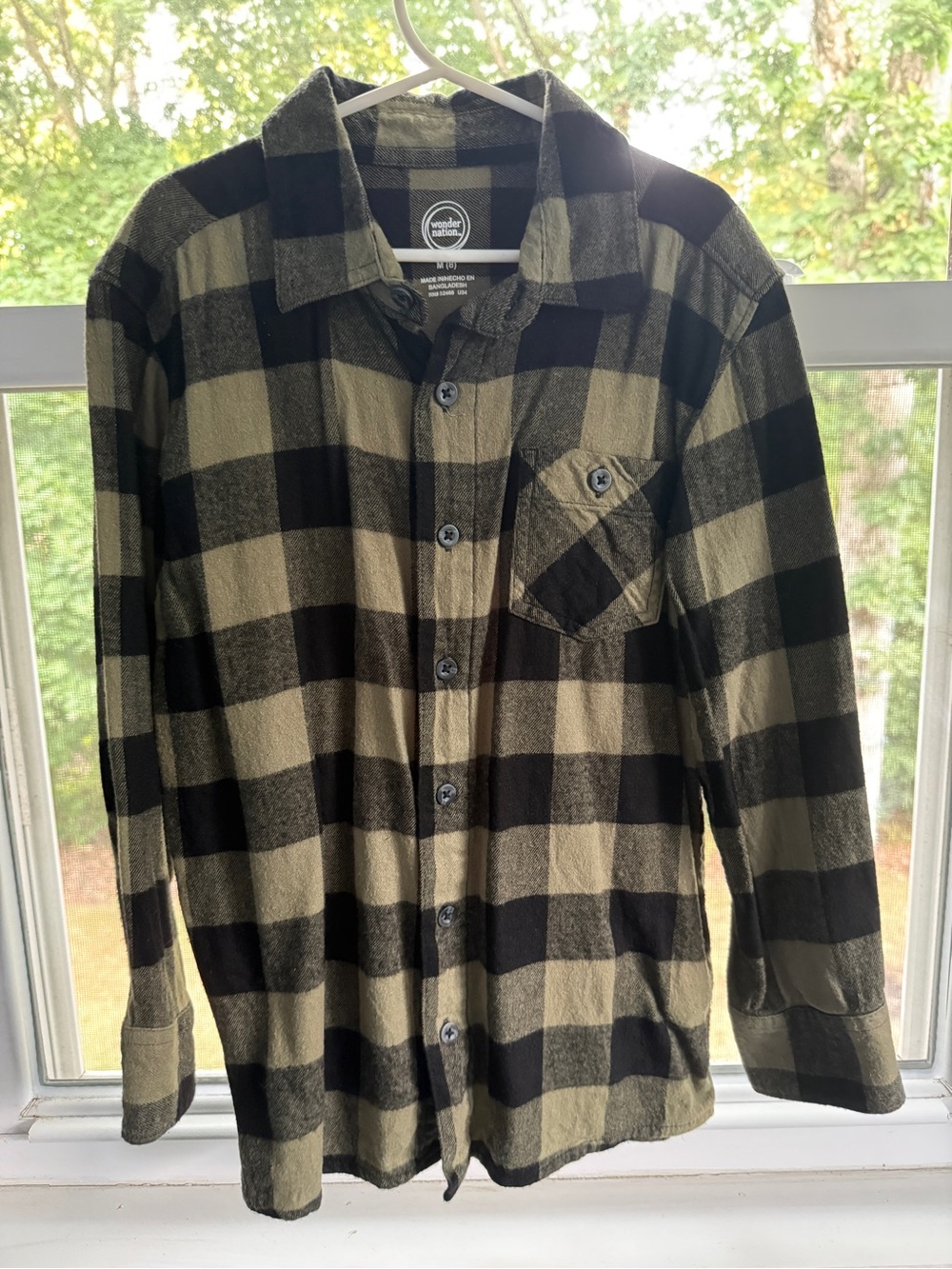 wonder nation Black and Olive Green Flannel Plaid Button-Down Shirt